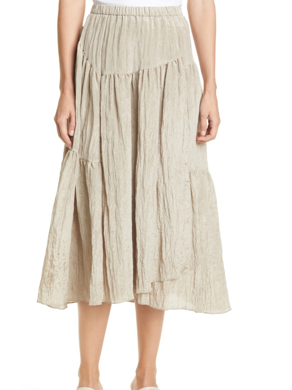 Vince Crinkled Tiered Midi Skirt in Beige